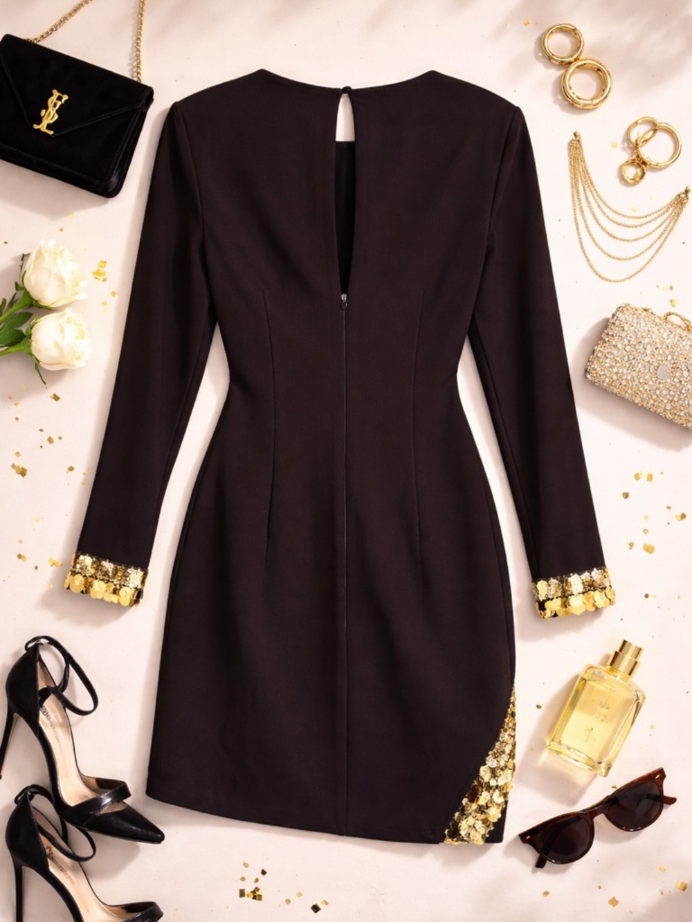 Vince Camuto Black Gold Sequin Mini Dress NWT Holiday Party NYE Size 8 - Picture 2 of 10